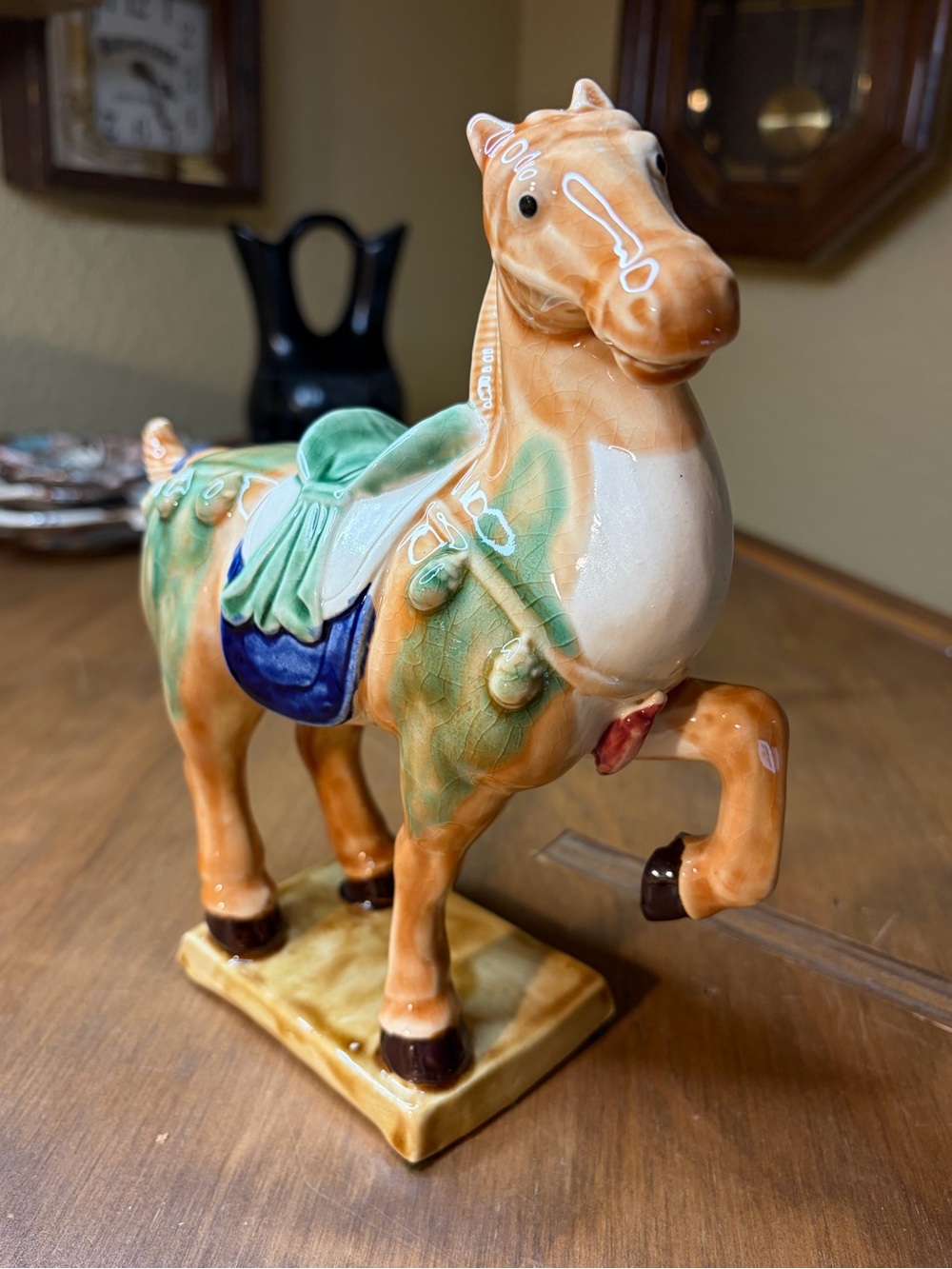 Vintage Tang-Style Glazed Ceramic Horse Figurine 7.75"-tall Colorful Glaze